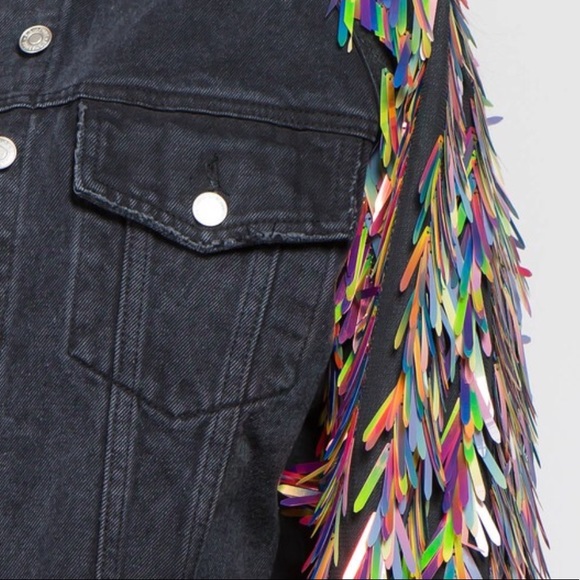 Statement black distressed Denim jacket holograph - Picture 4 of 4